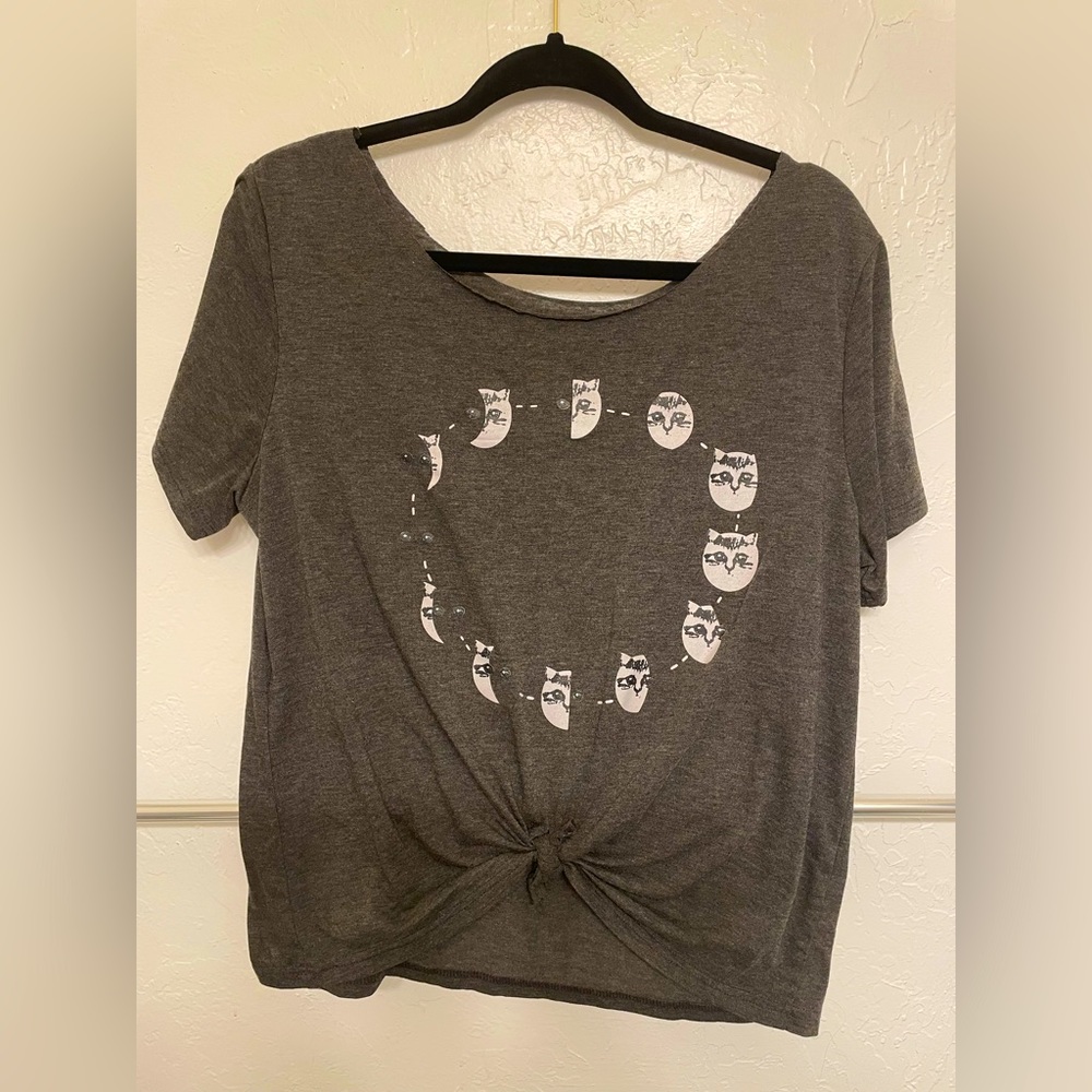 Cat Lunar Moon Phases T Shirt / Custom Crop / Tie Waist / Size XL 🌚😸🌝